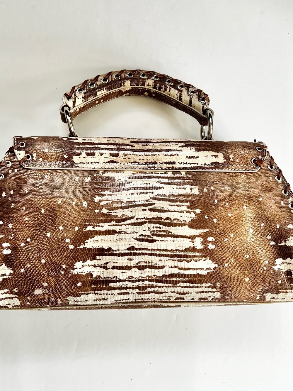Sondra Robert’s Whipstitch Croc Embossed Two Tone Tan Satchel Hand Bag - Picture 7 of 11